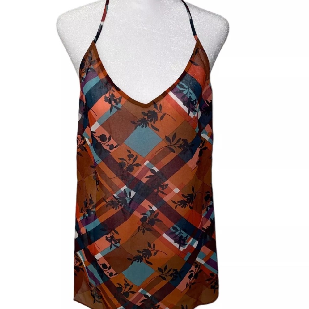 CAbi Multicolor Plaid Floral Silk-Like Tank Top - Rust, Teal, Navy